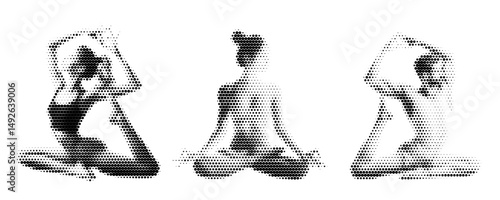 Vector halftone illustration of men and women doing yoga in different poses. Black and white silhouette style with halftone retro comics texture. Dynamic and elegant poses, Isolated on white backgroun