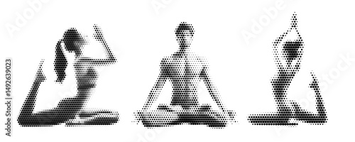 Vector halftone illustration of men and women doing yoga in different poses. Black and white silhouette style with halftone retro comics texture. Dynamic and elegant poses, Isolated on white backgroun