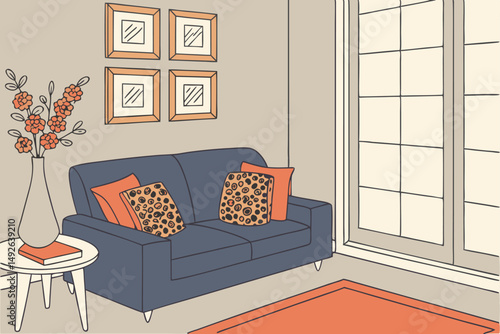 25 cozy living room, navy blue sofa, orange and leopard print throw pillows, modern vase with floral arrangement, large window with natural light, warm and inviting atmosphere