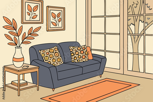 25 cozy living room, navy blue sofa, orange and leopard print throw pillows, modern vase with floral arrangement, large window with natural light, warm and inviting atmosphere