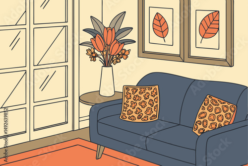 25 cozy living room, navy blue sofa, orange and leopard print throw pillows, modern vase with floral arrangement, large window with natural light, warm and inviting atmosphere