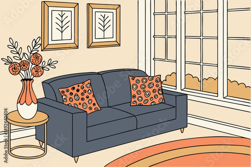 25 cozy living room, navy blue sofa, orange and leopard print throw pillows, modern vase with floral arrangement, large window with natural light, warm and inviting atmosphere