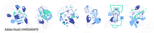 Concept of sports betting. Set of hands with gambling online at smartphone. People play fortune games, wagering on competitions by bookmaker app. Flat isolated outline vector illustrations on white