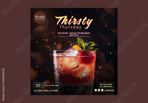 Editable Thirsty Thursday Social Media Post Template – Bar Night Cocktail Flyer with Ice Drink and Party Lights – PSD Format