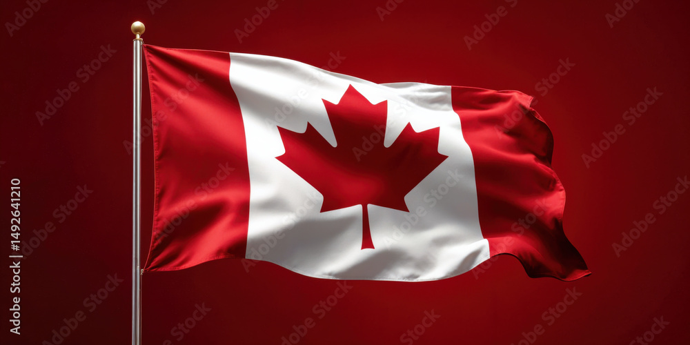 Official Canadian flag waving proudly on silver flagpole, red studio background symbolizing patriotism and identity Official Canadian flag waving proudly on silver flagpole, red studio background symbolizing patriotism and identity