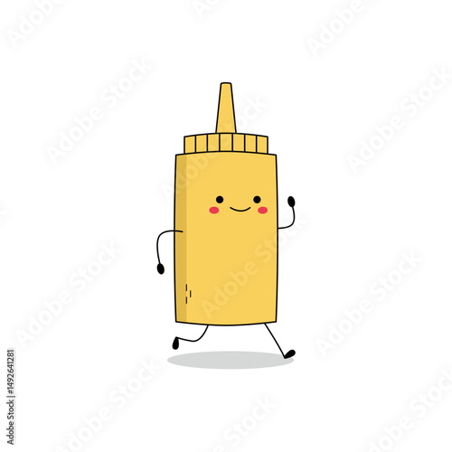 Cute mustard yellow bottle cartoon character running doodle