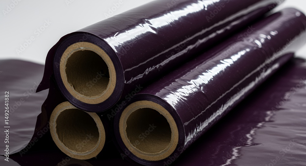 Fototapeta premium Stacked Glossy Dark Purple Plastic Wrapping Rolls with Cardboard Cores on White Background for Industrial Packaging and Design