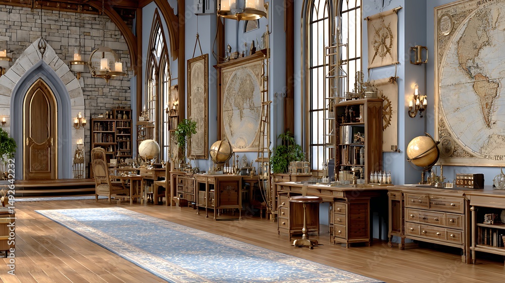 Fototapeta premium Elegant Retro Steampunk Room with Antique Maps and Decorative Globes