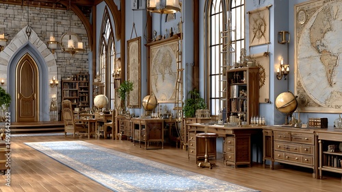 Elegant Retro Steampunk Room with Antique Maps and Decorative Globes