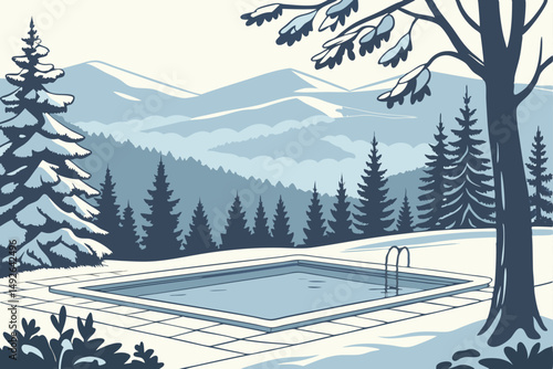 26 a serene winter landscape, an outdoor swimming pool surrounded by snow-covered trees, mountains in the distance, clear blue sky, atmospheric lighting, mist rising from the pool, detailed, photoreal