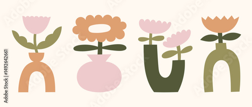 Vintage flower in boho vases vector illustrations set. Neutral colors minimalist florals clipart