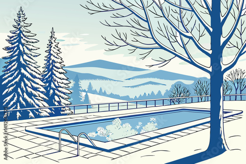 26 a serene winter landscape, an outdoor swimming pool surrounded by snow-covered trees, mountains in the distance, clear blue sky, atmospheric lighting, mist rising from the pool, detailed, photoreal