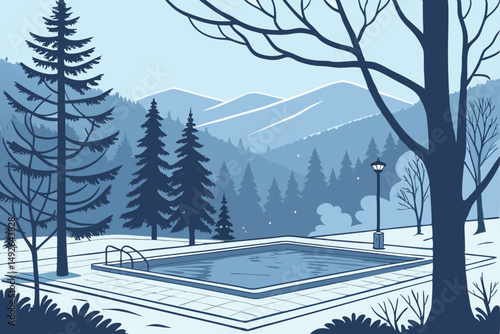 26 a serene winter landscape, an outdoor swimming pool surrounded by snow-covered trees, mountains in the distance, clear blue sky, atmospheric lighting, mist rising from the pool, detailed, photoreal