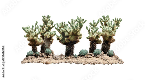 Fotografie Cholla brincadora, Cylindropuntia bigelovii, teddy bear cactus, sunny daylight, isolated cactus plant, desert landscape, southwestern vegetation, botanical specimen, vector illustration