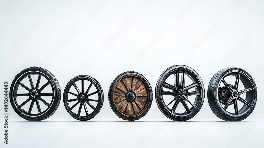 Fototapeta premium A collection of various dark black wheels against a light background.