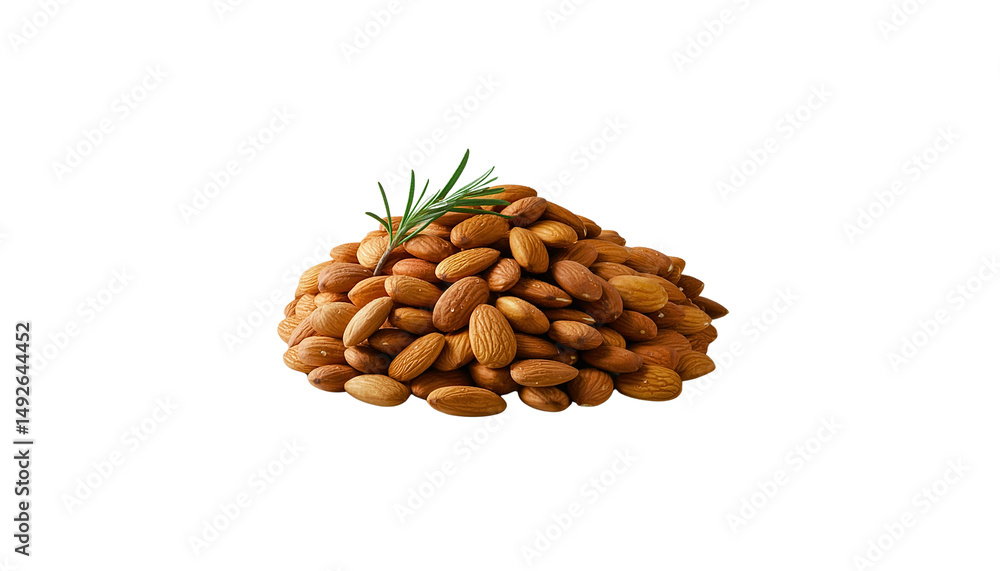 Fototapeta premium Pile of Roasted Almonds with Rosemary Sprig on Transparent Background
