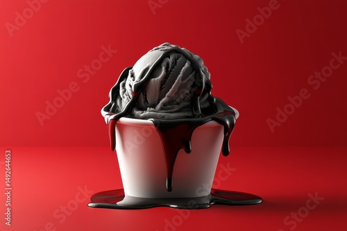 Dark, melted ice cream scoop in white cup.