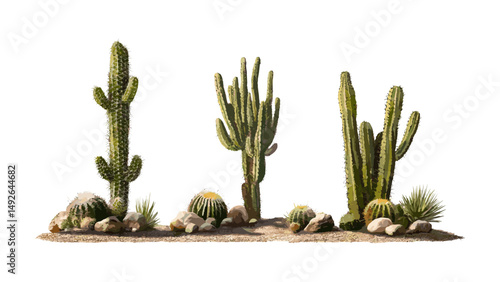 Cylindropuntia spinosior cactus, cane cholla, walkingstick cactus, spiny cholla, isolated tree, sunny daylight, desert flora, xeriscape, succulent, vector illustration.