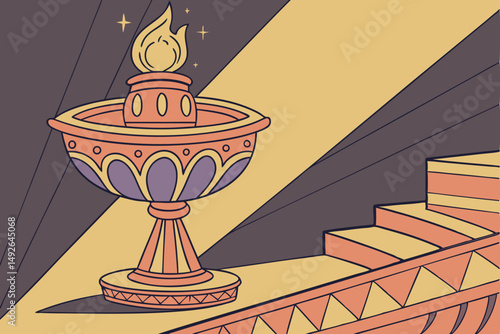 27 ornate ceramic oil lamp, glowing flame, intricate textured surface, vibrant colors, dramatic lighting, bokeh background, cinematic atmosphere, highly detailed, high resolution