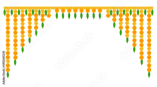 Indian Weflower garland of mango leaves and marigold flowers. Ugadi diwali ganesha festival poojas weddings functions holiday ornate decoration. Isolated on white background natural mango leaf garland