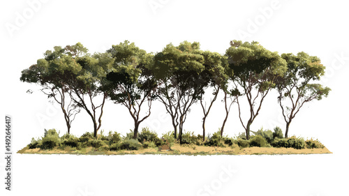 River red gum eucalyptus camaldulensis tree set isolated cutout sunny daylight, Australian nature, woodland plants, outdoor environment, green leaves, vector illustration.