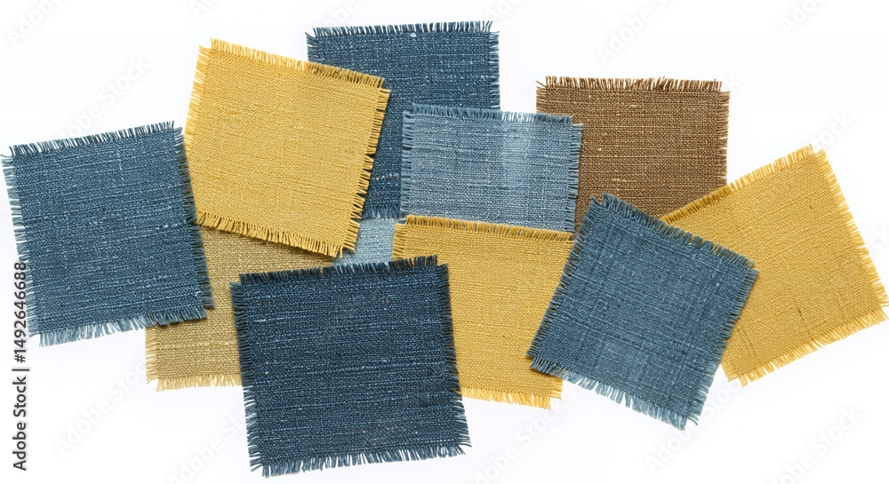 Fototapeta premium Variety of Square Fabric Patches Textures in Blue Yellow and Brown Isolated on White