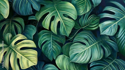 Wallpaper Mural lush monstera leaves arranged in overlapping pattern, various green tones, exotic texture background Torontodigital.ca