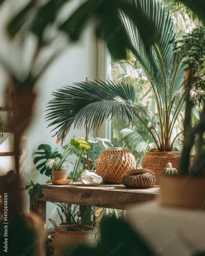 Fototapeta premium Indoor Garden Still Life with Palm Trees and Woven Baskets on Wooden Table in Bright Sunlight Natural Light
