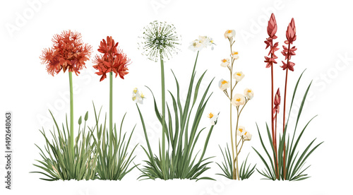 Set of frontal Allium siculum, Kniphofia uvaria, tree isolated png, vector illustration, botanical garden, exotic flowers, ornamental plants, summer bloom, nature decor.