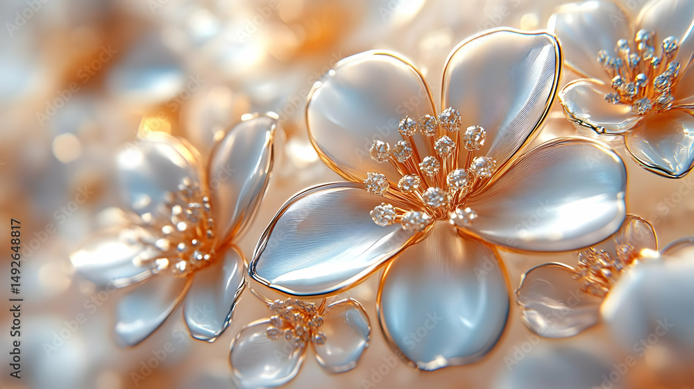 Fototapeta premium Golden White Flowers 3D Illustration