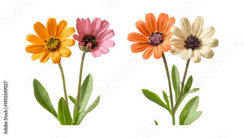 Set of frontal Osteospermum fruticosum, Achillea terracotta, Yarrow, tree isolated png, floral bouquet, garden plants, medicinal herbs, vector illustration, nature background.