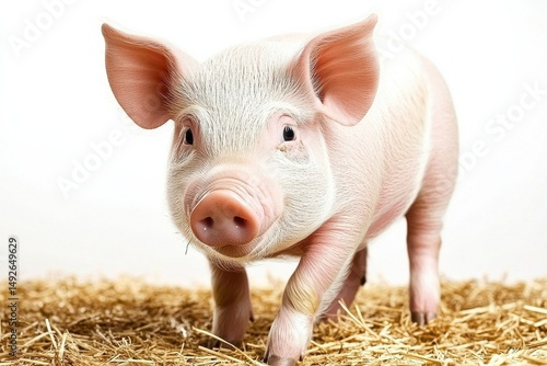 Charming Young Piglet Standing on Straw with Bright Eyes and Cute Features, Capturing the Essence of Farm Life and Animal Innocence in a Warm Setting
