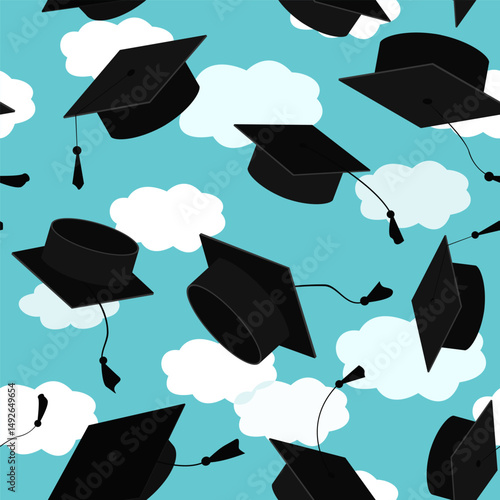 Festive seamless pattern with graduate hats in the air. Flying graduation caps background for graduation announcements, invitations, celebration designs. Vector illustration