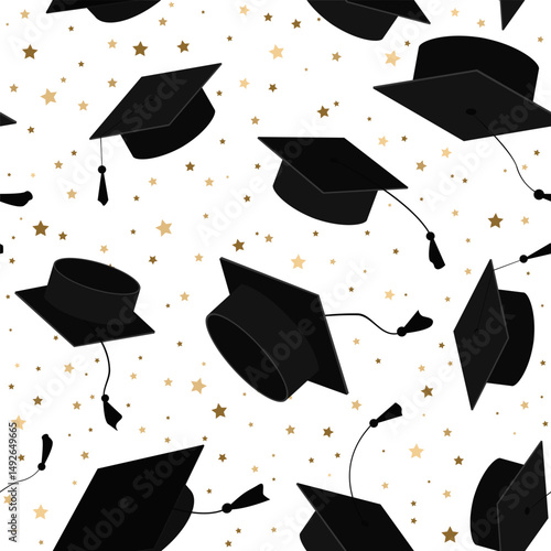Festive seamless pattern with stars and graduate hats in the air. Flying graduation caps background for graduation announcements, invitations, celebration design. Vector illustration.