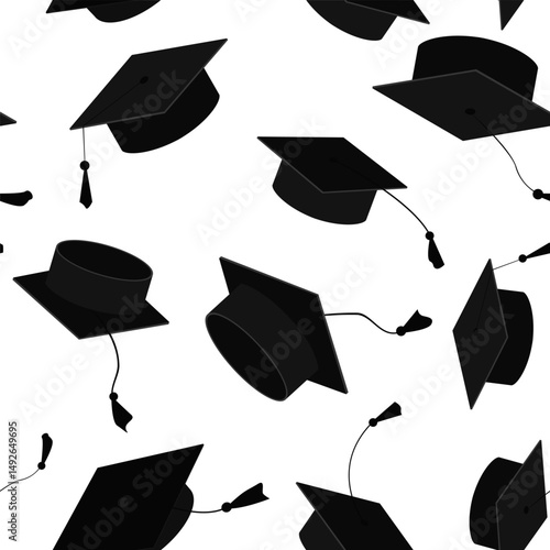 Festive seamless pattern with graduate hats in the air. Flying graduation caps background for graduation announcements, invitations, celebration designs. Vector illustration.