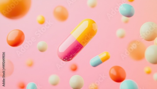 Vibrant pills float in a pastel background
