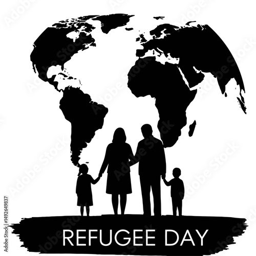 Silhouette of family holding hands in front of world map for refugee day celebration concept image