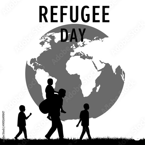 Refugee day image showing silhouettes of a family walking in front of a world map illustration
