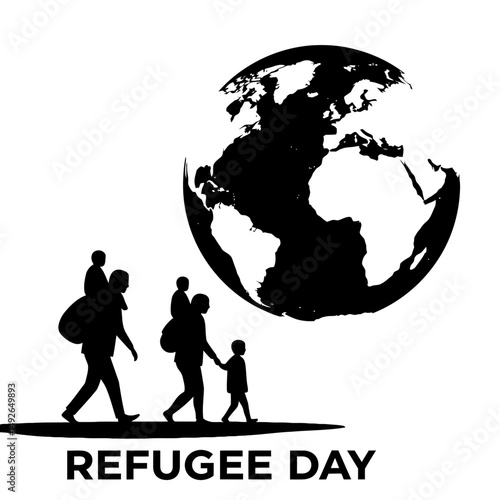 Silhouette of refugee family walking with world globe for refugee day illustration design concept