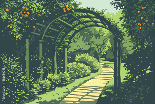 29 a lush, verdant garden with an arched entrance, wooden pathway, ripe oranges in the foreground, sun streaming through the canopy, vibrant green foliage, serene, tranquil atmosphere, highly detailed