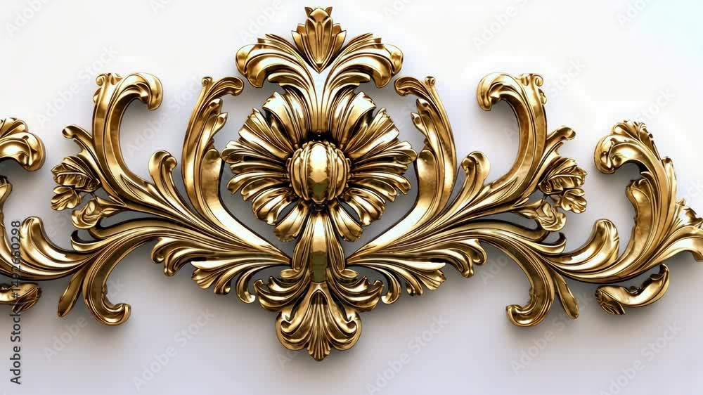 ornate golden floral scroll design against soft white background rendering, opulent decor ornate golden floral scroll design against soft white background rendering, opulent decor