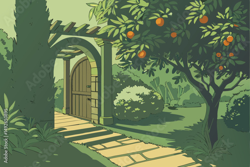 29 a lush, verdant garden with an arched entrance, wooden pathway, ripe oranges in the foreground, sun streaming through the canopy, vibrant green foliage, serene, tranquil atmosphere, highly detailed