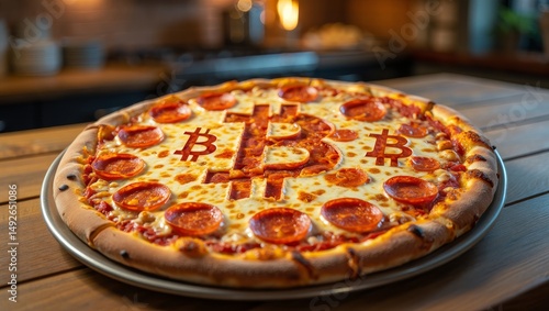 Photorealistic Pepperoni Pizza with Edible Bitcoin Symbols – Modern Food Concept