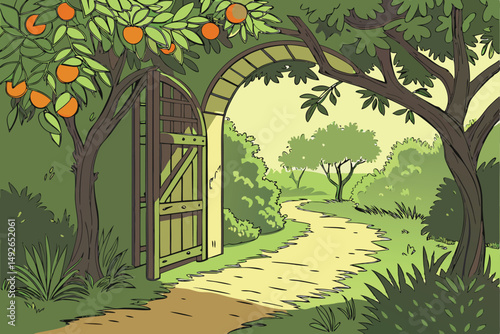 29 a lush, verdant garden with an arched entrance, wooden pathway, ripe oranges in the foreground, sun streaming through the canopy, vibrant green foliage, serene, tranquil atmosphere, highly detailed