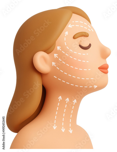 3D Render of a Woman's Face with Skincare Arrows Indicating Lifting and Contouring Treatment
