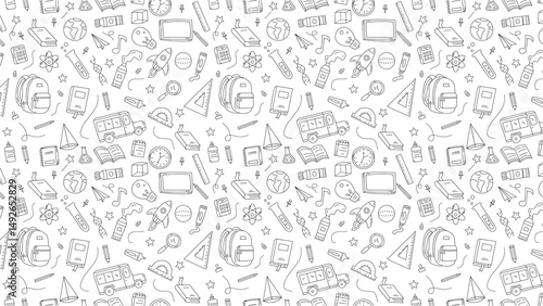 A seamless pattern of school supplies and educational icons in black and white line art style drawing design