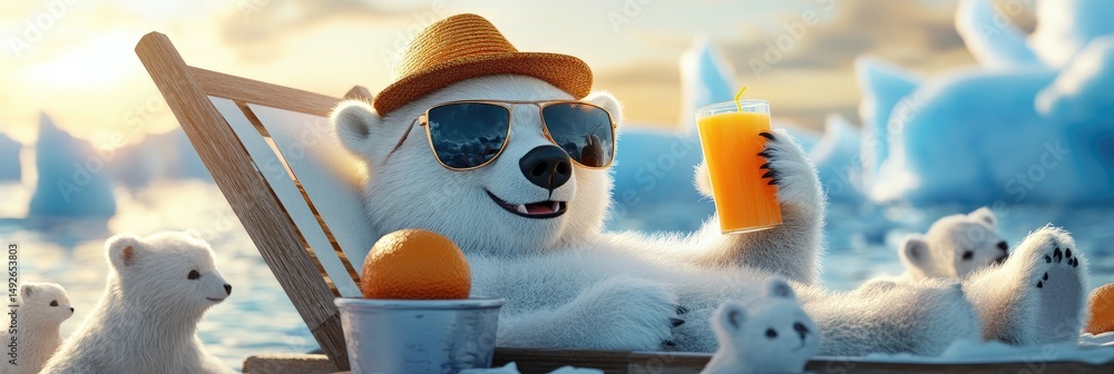 Obraz premium A cheerful polar bear relaxing on a deck chair in a serene icy landscape. sipping a tropical drink while enjoying the sunny weather and floating icebergs in the background