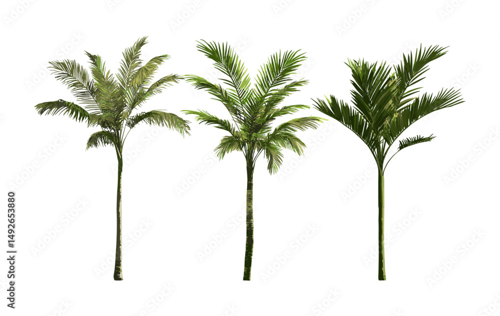 Obraz premium Howea forsteriana palm court palm, Kentia palm isolated cutout, tropical tree, indoor greenery, thatch palm, vector illustration, botanical plant, exotic foliage, landscaping, natural decor.