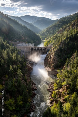 Scenic Vertical View of Gross Reservoir Dam and Roaring Water Release in Colorado Mountains with Sun Rays