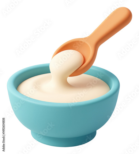 3D Render of Creamy Yogurt in a Blue Bowl with a Wooden Spoon